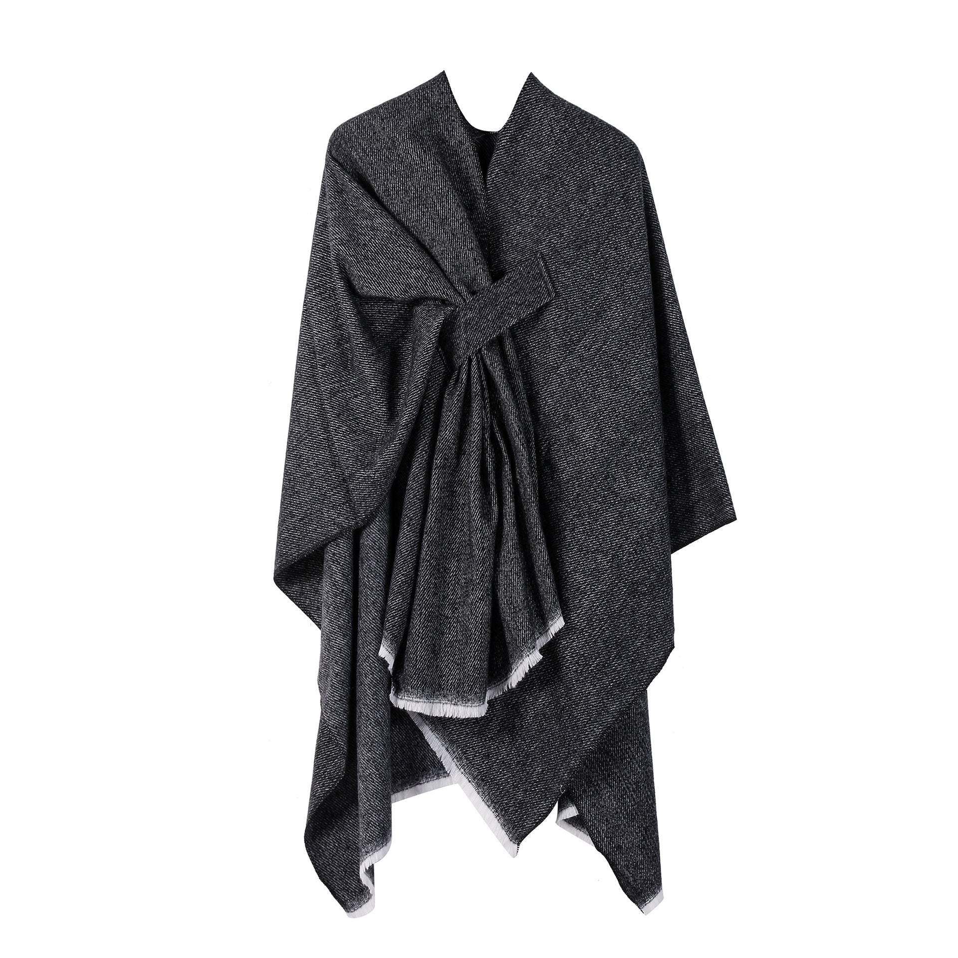 Solid Knit Poncho Shawl,Warm Fall/Winter Cape with Slit and Crossbar Design(Black)
