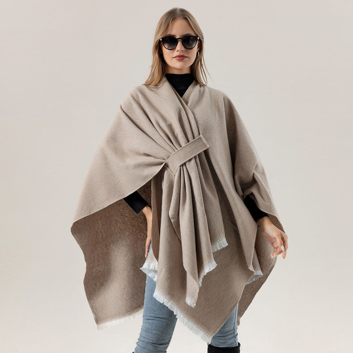 Solid Knit Poncho Shawl,Warm Fall/Winter Cape with Slit and Crossbar Design(Black)