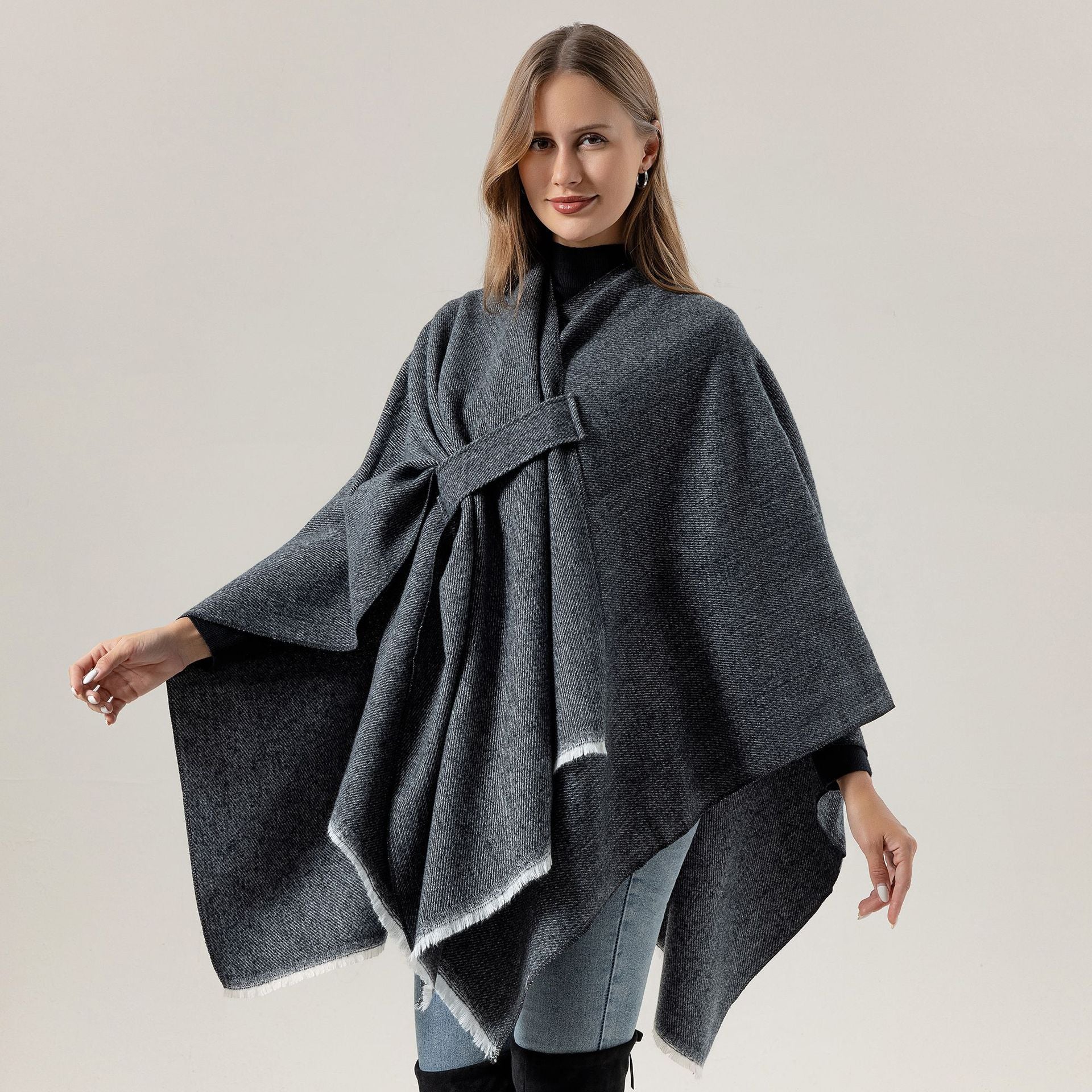 Solid Knit Poncho Shawl,Warm Fall/Winter Cape with Slit and Crossbar Design(Dark gray)