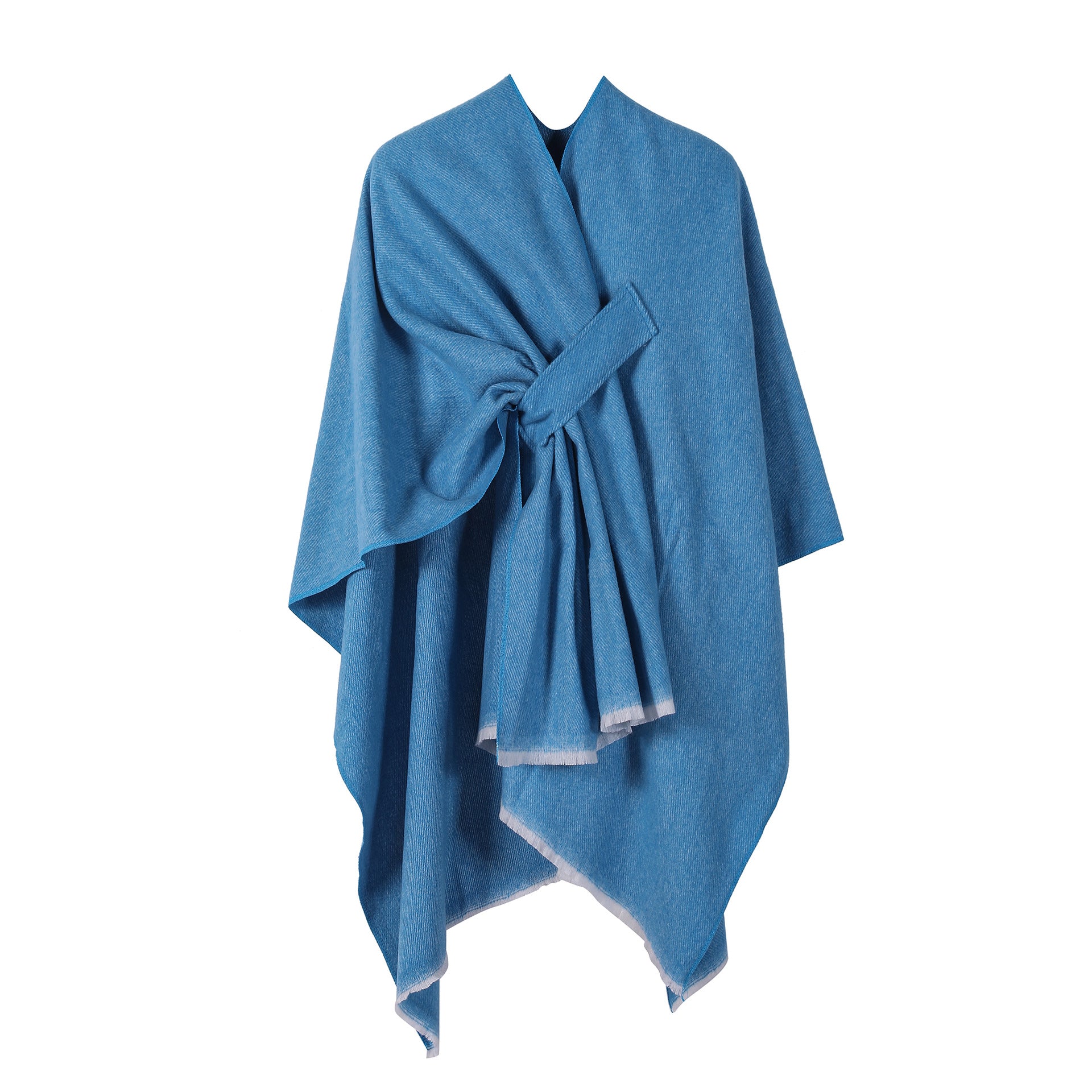 Solid Knit Poncho Shawl,Warm Fall/Winter Cape with Slit and Crossbar Design(Blue)