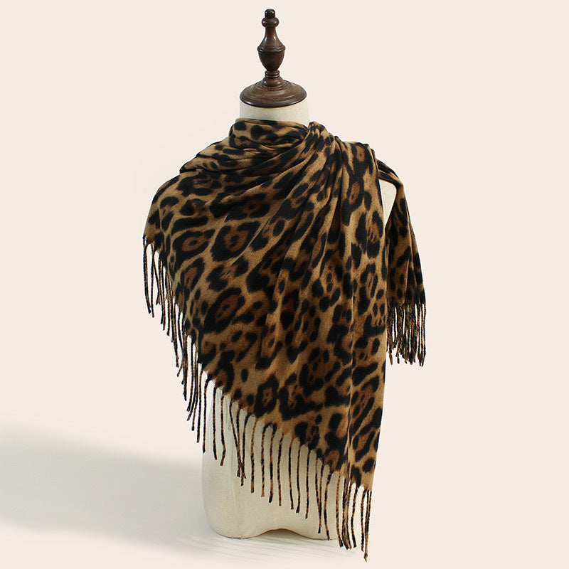 Stylish Animal Print Scarf - Warm Fall/Winter Shawl with Tassels, Imitation Cashmere(Khaki)