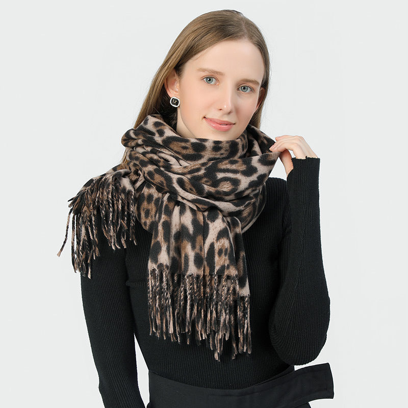 Stylish Animal Print Scarf - Warm Fall/Winter Shawl with Tassels, Imitation Cashmere(Gray-brown)