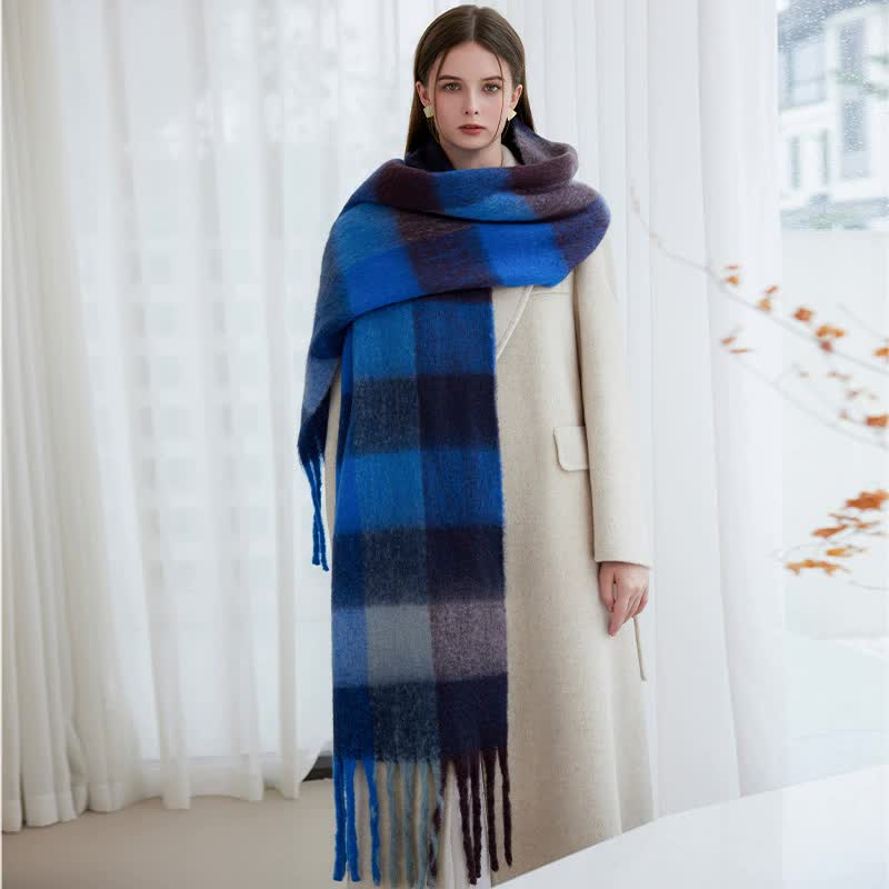 Winter Luxe Warm Oversized Scarf-Cozy Thick Plaid Wrap, European Chic Style(Powder blue plaid)