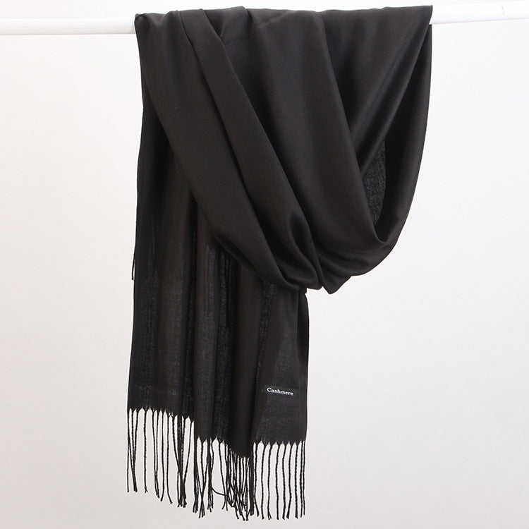 2pc Luxe Soft Imitation Cashmere Scarf - Warm Solid Tone Shawl with Elegant Fringe(Pure black)