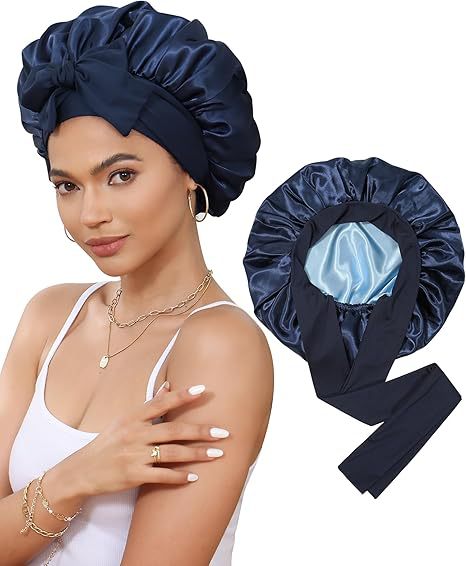 Luxury Double-Sided Satin Bonnet with Elastic Band(Navy blue + light blue lining)