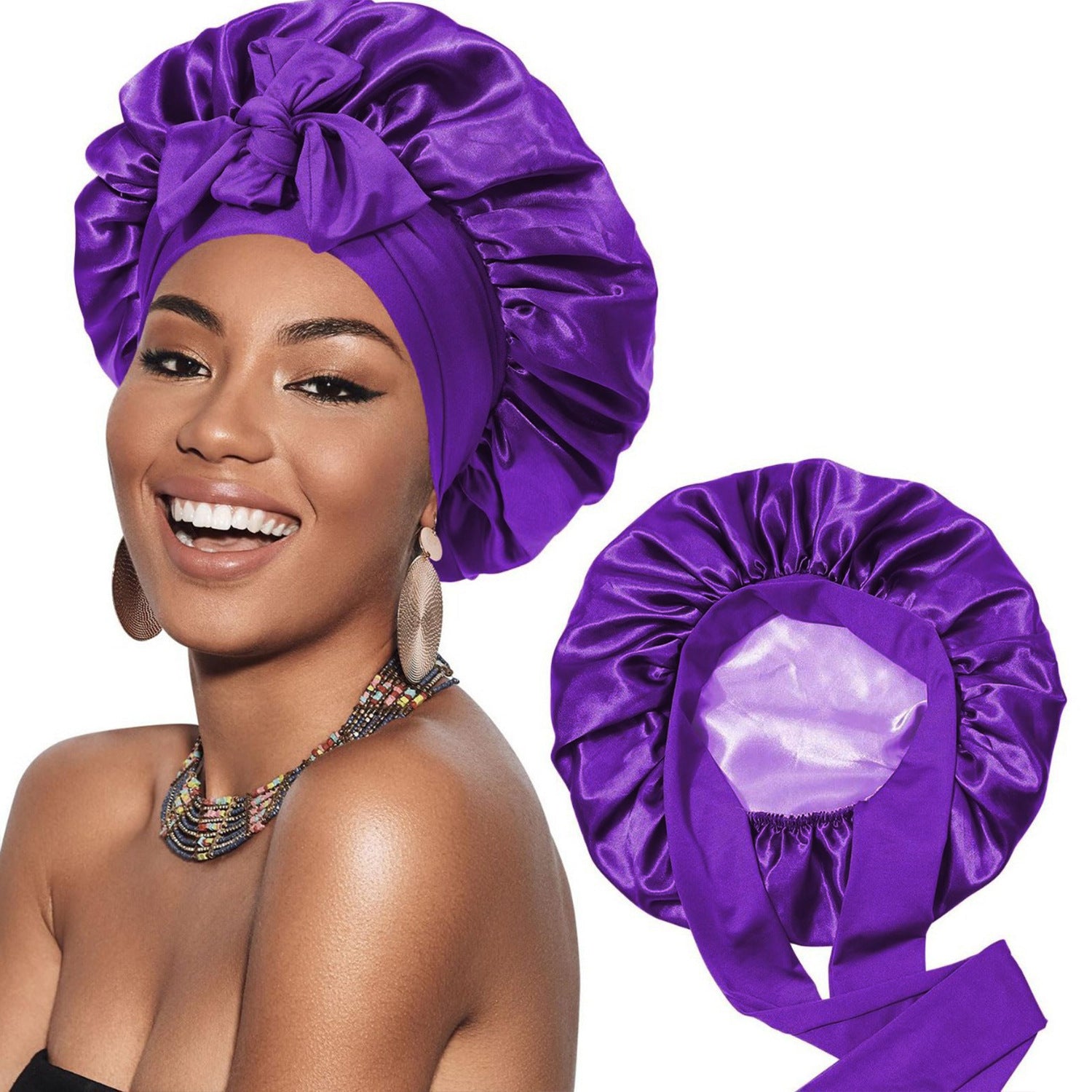 Luxury Double-Sided Satin Bonnet with Elastic Band(Purple + light purple lining)
