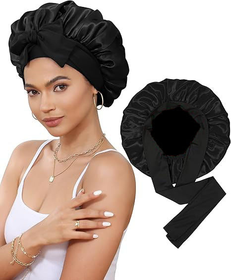 Luxury Double-Sided Satin Bonnet with Elastic Band(Black + black lining)