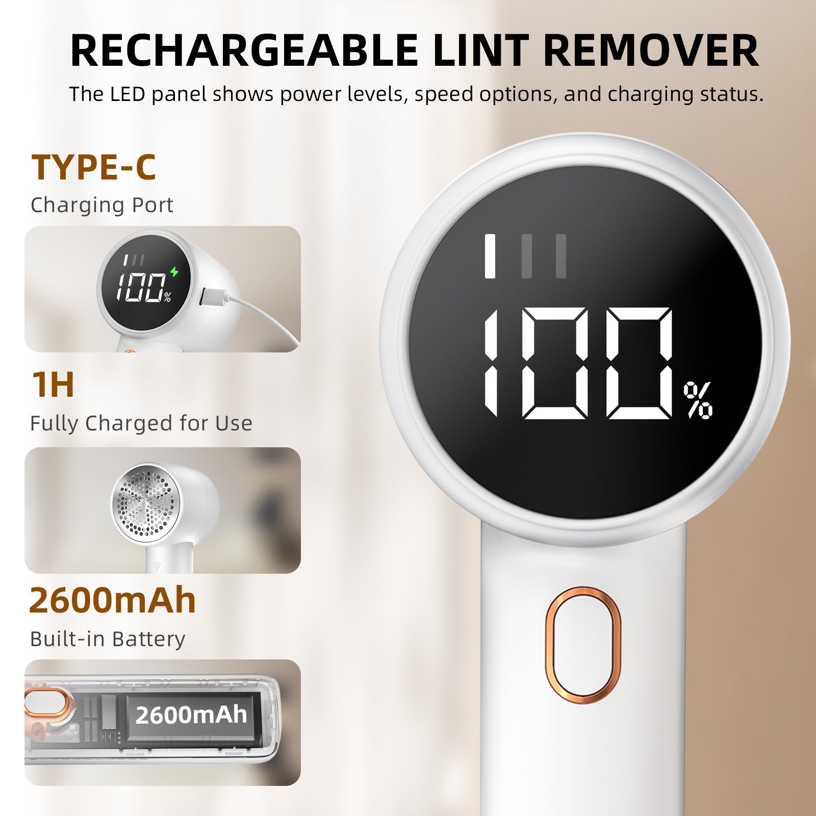 Rechargeable Electric Lint Remover with LED Display - 3 Speed Levels, USB-C Charging, 2600mAh Battery(white)