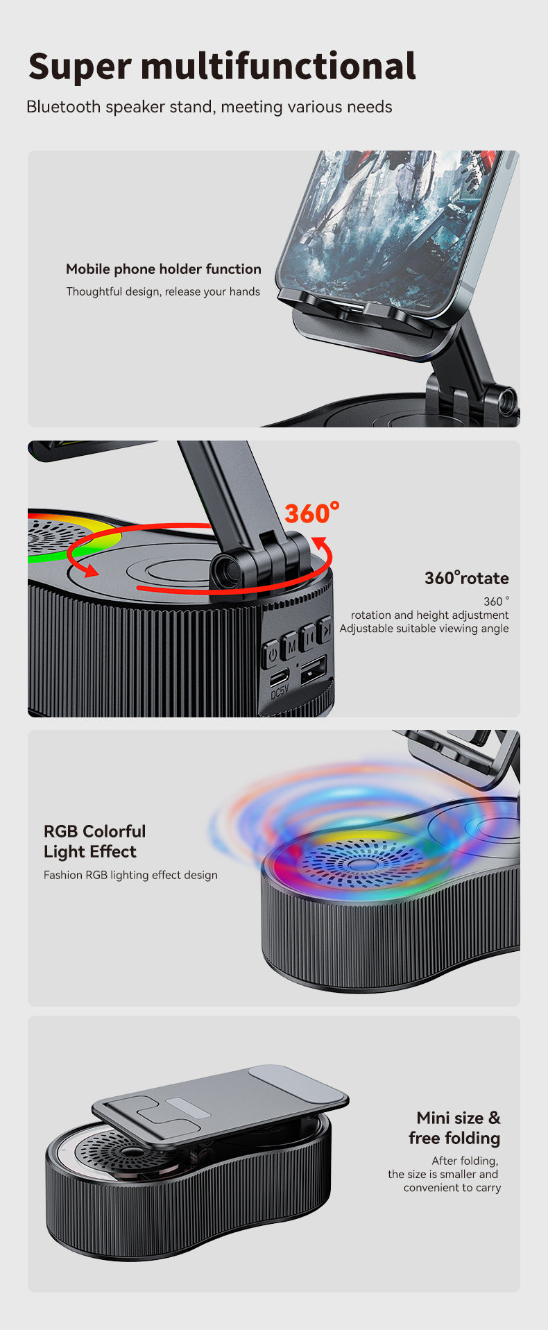 Foldable Bluetooth Speaker with 360 Rotating Phone/Tablet Stand & RGB Lights - HIFI Surround Sound(Pink)