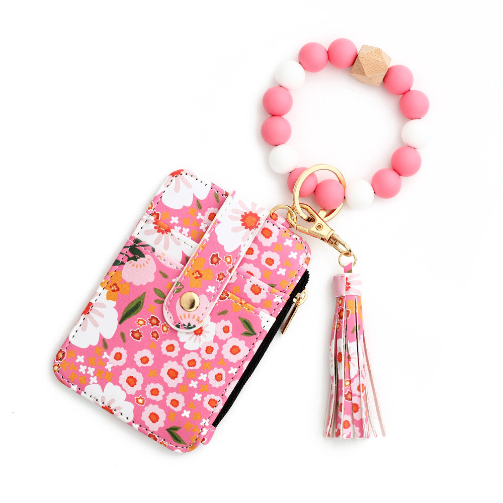Floral Slim Card Holder Wallet with Beaded Keychain Bracelet & Tassel - 4 Card Slots, ID Window(Dark Pink)