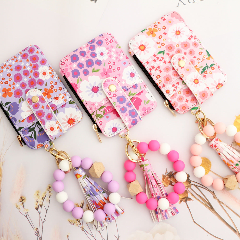 Floral Slim Card Holder Wallet with Beaded Keychain Bracelet & Tassel - 4 Card Slots, ID Window(Dark Pink)