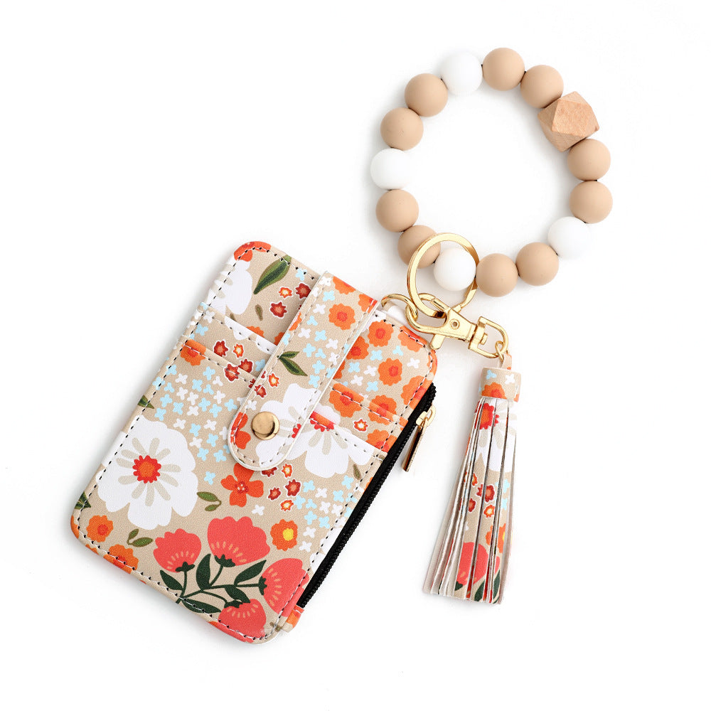 Floral Slim Card Holder Wallet with Beaded Keychain Bracelet & Tassel - 4 Card Slots, ID Window(Khaki)