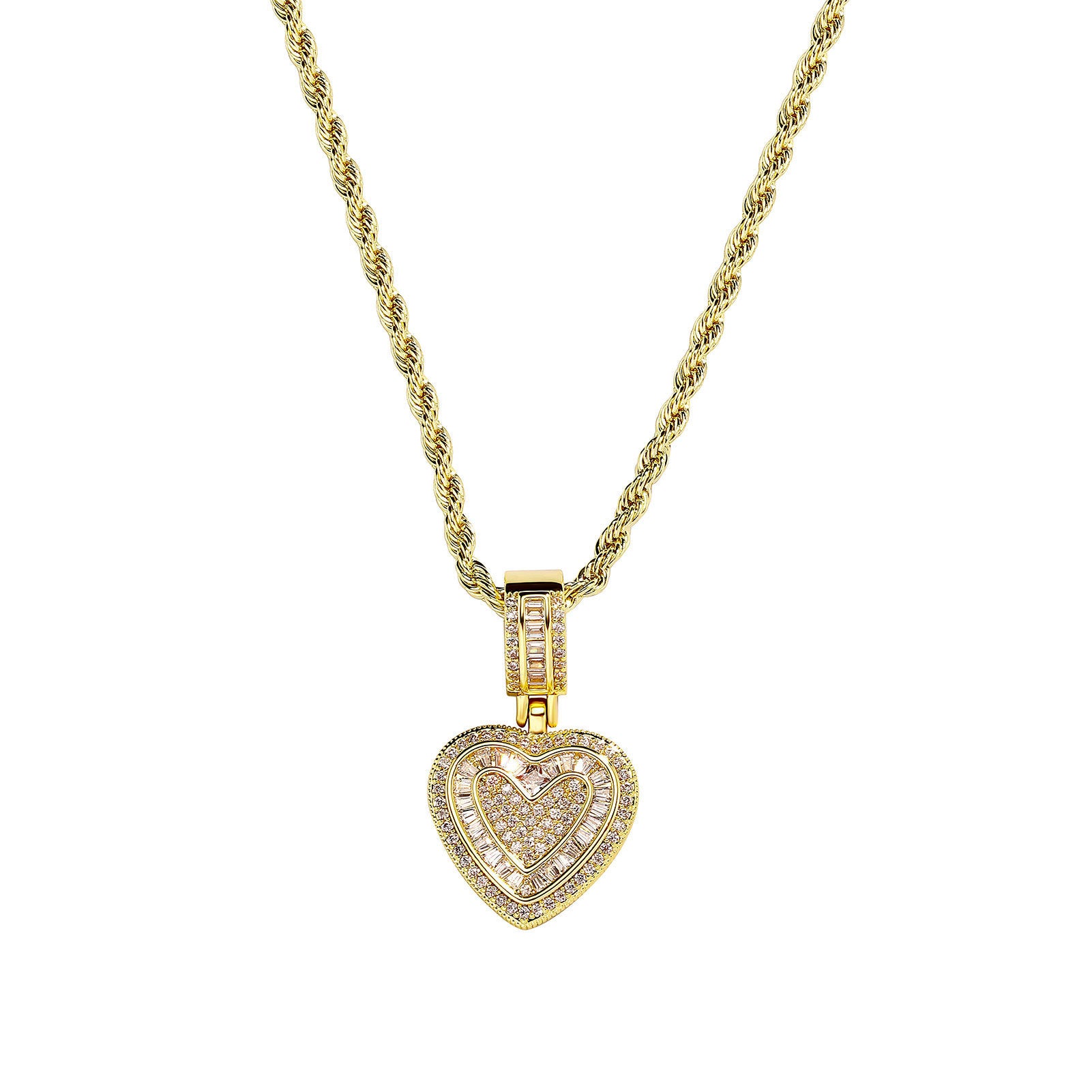 Iced Out Heart Pendant Necklace - 5A+ CZ Stones, 14K Gold Plated with Rope Chain(gold)