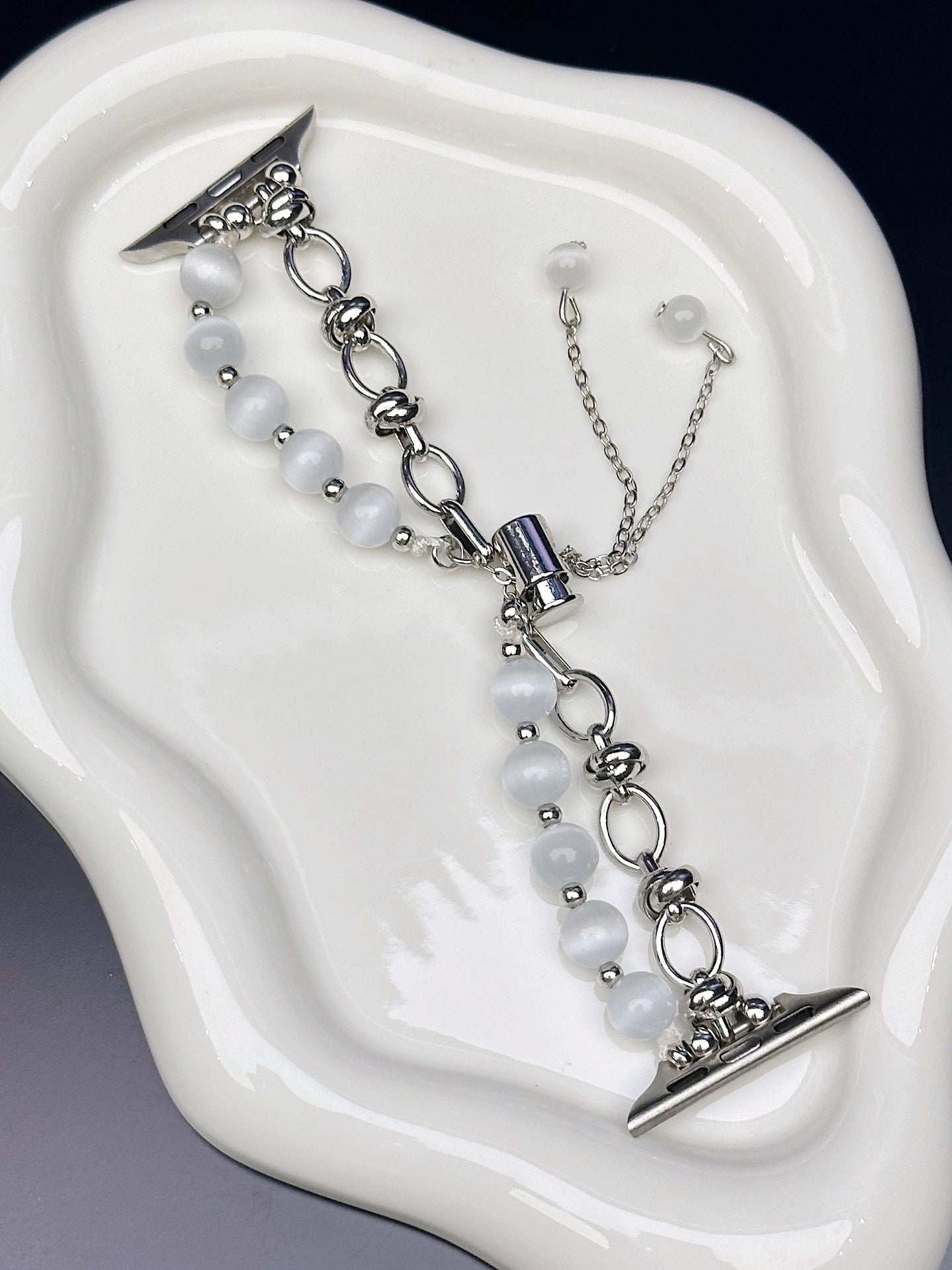 2-pcs Silver Elegant Cat's Eye Beaded Bracelet Band for Apple Watch - Women's Luxury Strap (Compatible Size :42/44/45MM )