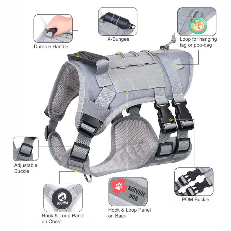 Gray Tactical Dog Training Harness - Adjustable Vest for Training and Walking - M