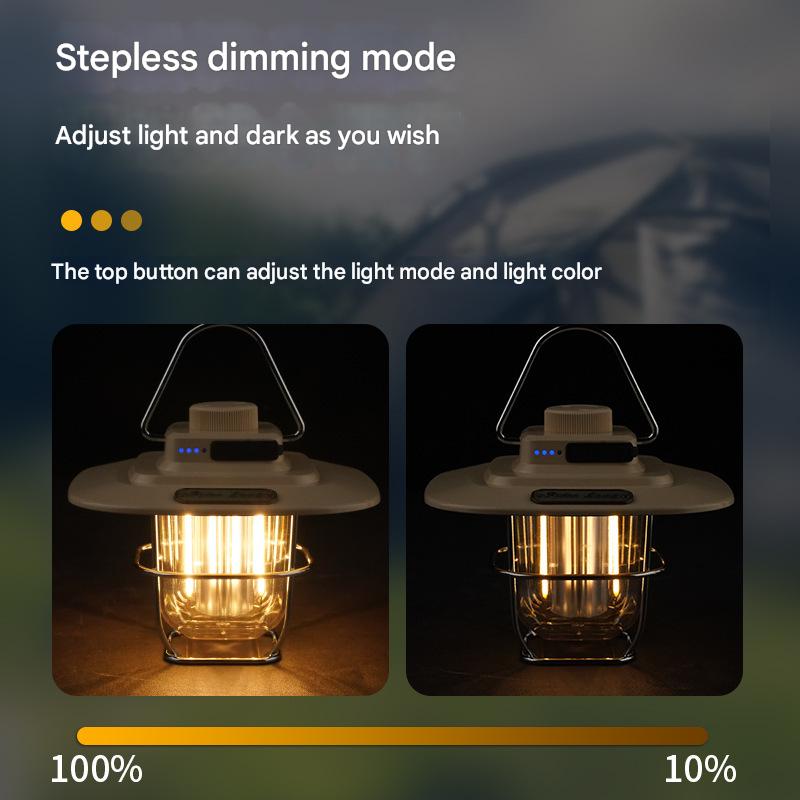 Green Vintage LED Camping Lantern - Rechargeable, Stepless Dimming, Power Bank