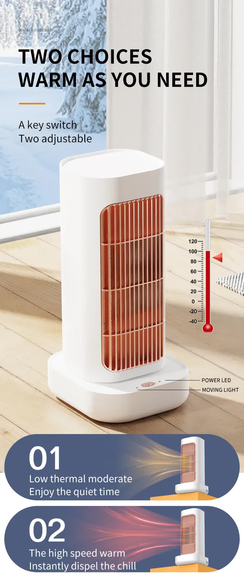 White Portable Electric Heater with Oscillation & Tip-Over Protection- 2 Heat Settings, Mini Tower