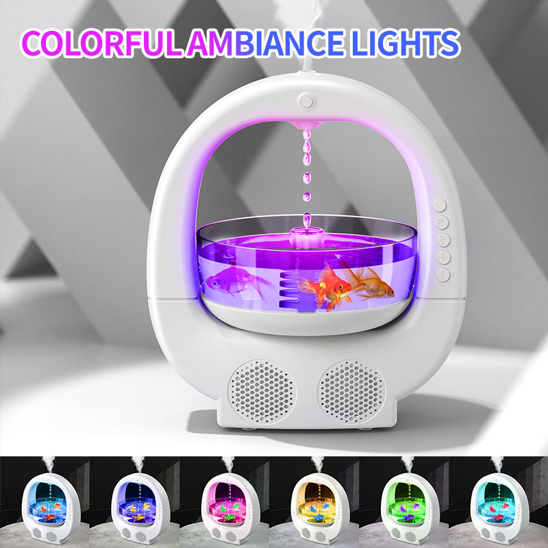 White 3-in-1 Anti-Gravity Water Drop Humidifier with Bluetooth Speaker & LED Fish Tank Light