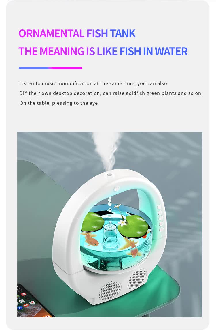 White 3-in-1 Anti-Gravity Water Drop Humidifier with Bluetooth Speaker & LED Fish Tank Light