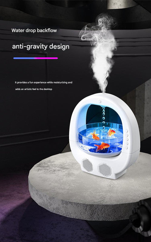White 3-in-1 Anti-Gravity Water Drop Humidifier with Bluetooth Speaker & LED Fish Tank Light
