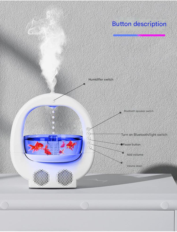 White 3-in-1 Anti-Gravity Water Drop Humidifier with Bluetooth Speaker & LED Fish Tank Light