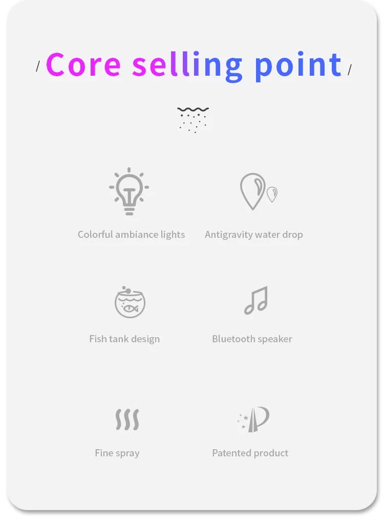 Pink 3-in-1 Anti-Gravity Water Drop Humidifier with Bluetooth Speaker & LED Fish Tank Light