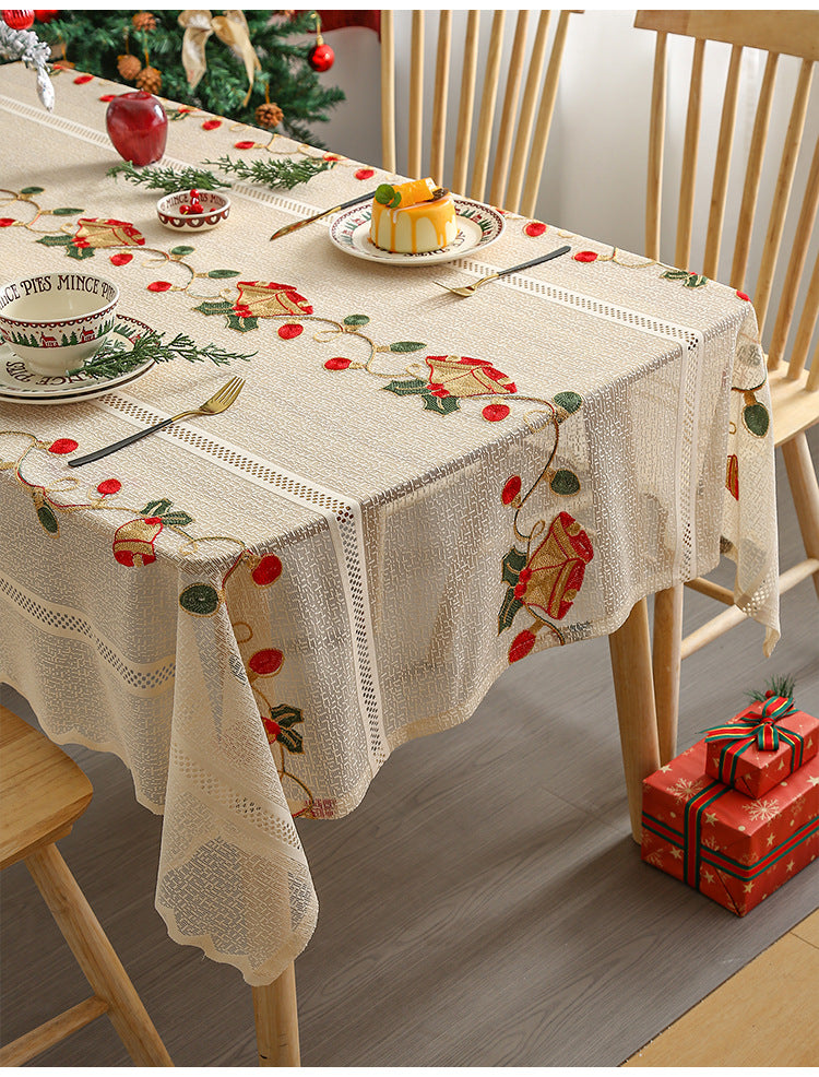 Embroidered Christmas Tablecloth - Embroidered Bells & Holly Design (140*240cm)