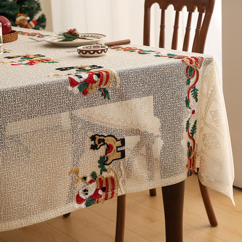 Embroidered Christmas Tablecloth - Embroidered Santa Claus, Reindeer (140*240cm)