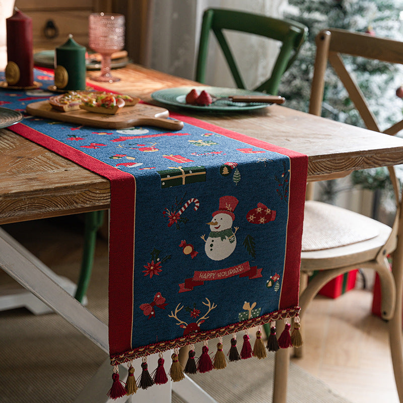 Blue Christmas Festive Table Runner - Blue with Snowman, Reindeer and Happy Holidays (35*220cm)