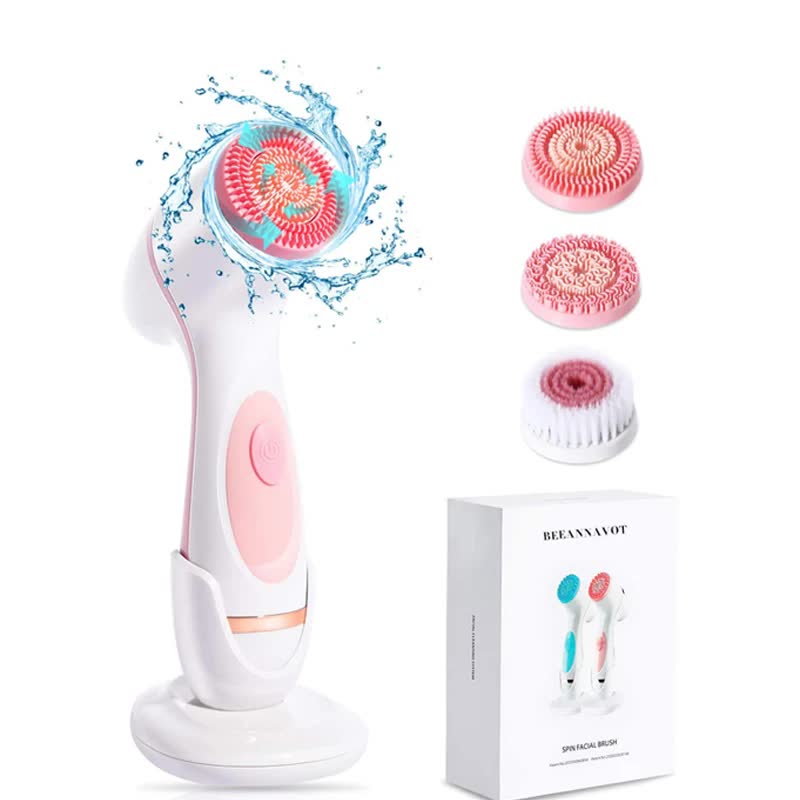 Pink Waterproof Facial Cleansing Spin Brush Set - Rechargeable with 3 Heads & Charging Stand