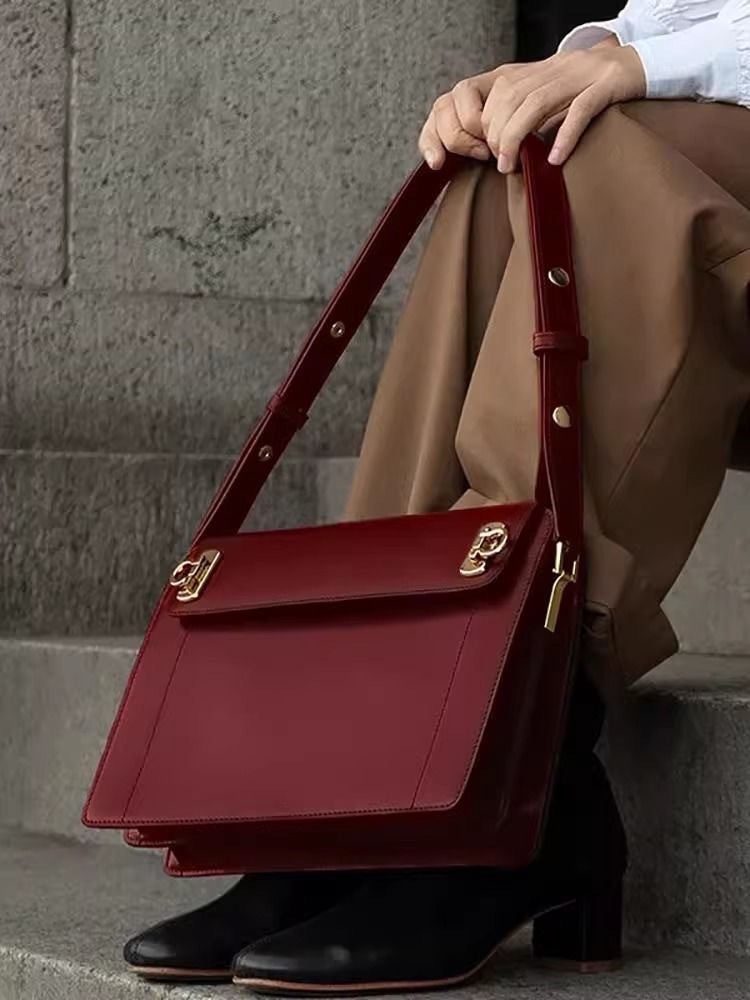 Red Premium Leather Underarm Bag with Elegant Accordion Design