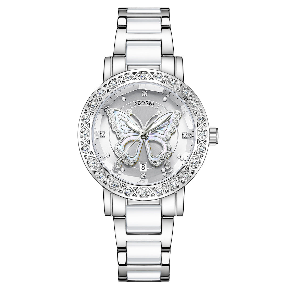 Women's Butterfly Quartz Watch with Ceramic Steel Strap and Luminous Hands (Silver shell white surface steel belt)