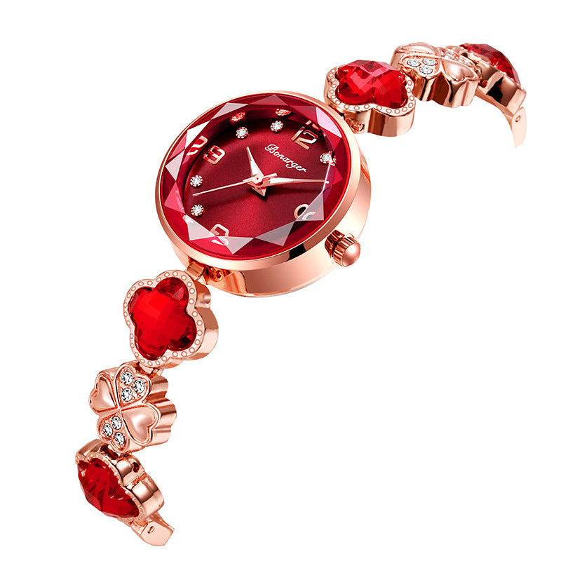 Red Women's Four-Leaf Clover Quartz Watch with Red Dial and Crystal Accents