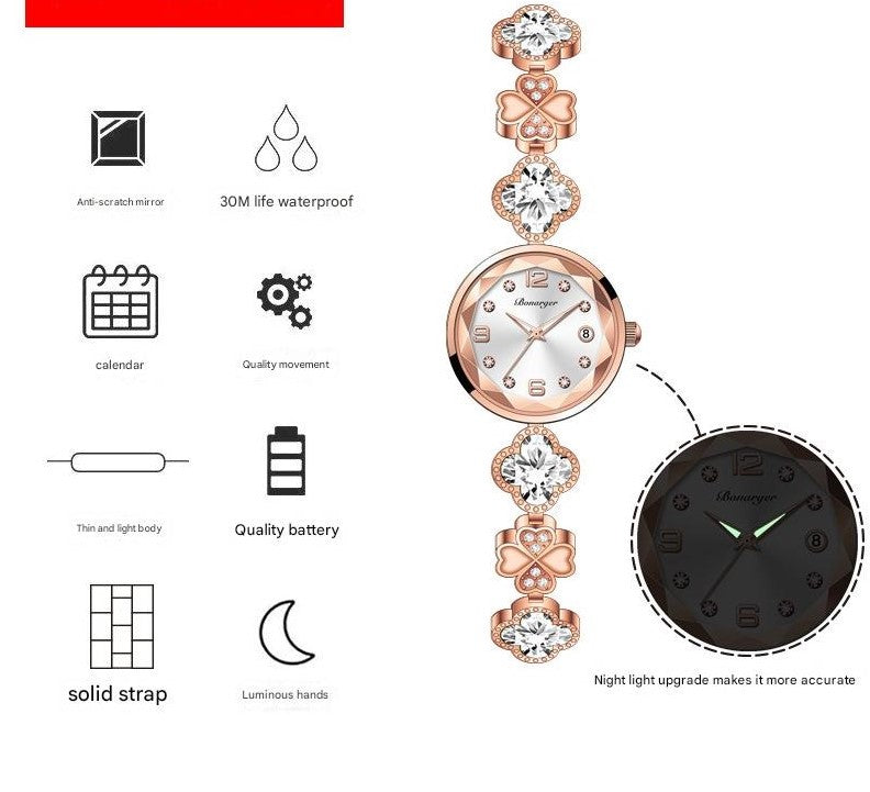 White Women's Four-Leaf Clover Quartz Watch with Red Dial and Crystal Accents