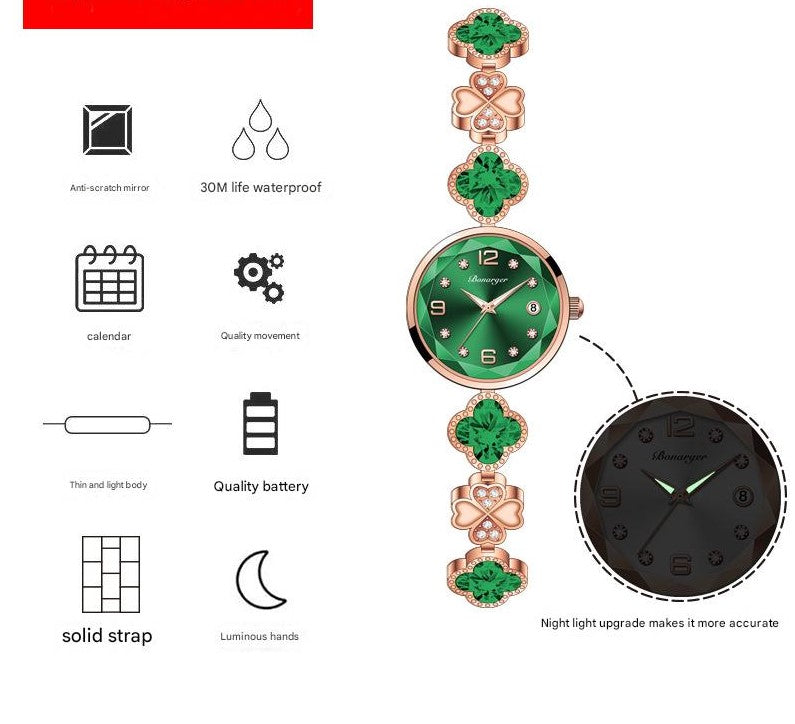 Green Women's Four-Leaf Clover Quartz Watch with Red Dial and Crystal Accents