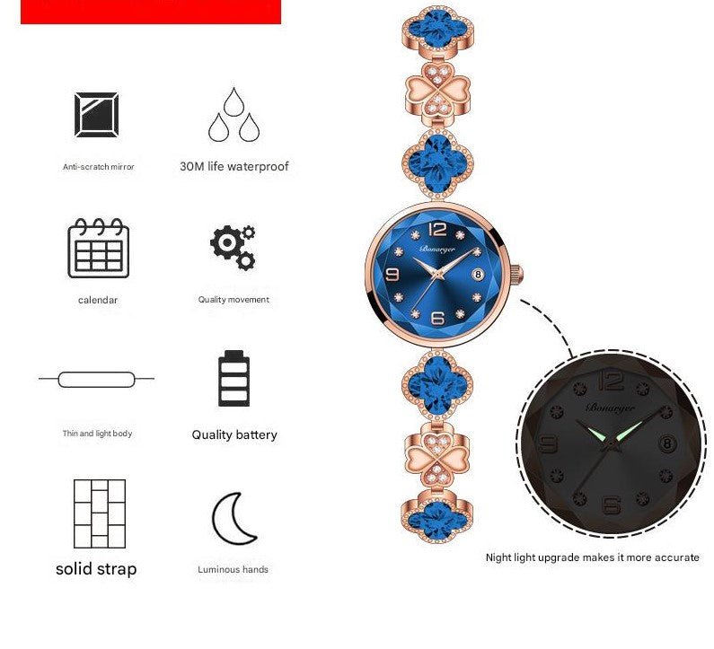 Blue Women's Four-Leaf Clover Quartz Watch with Red Dial and Crystal Accents