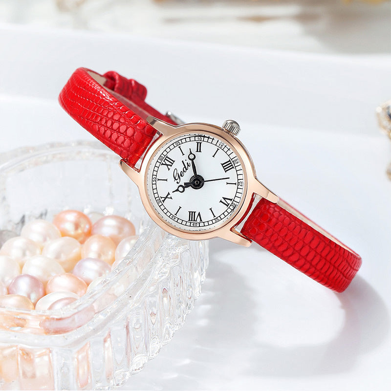 Rose Shell White Plate Red Ribbon Delicate Women's Watch - 20mm Roman Numeral Dial, Leather Strap
