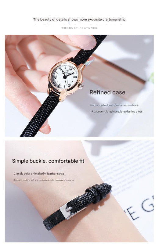 Rose Shell White Plate Red Ribbon Delicate Women's Watch - 20mm Roman Numeral Dial, Leather Strap