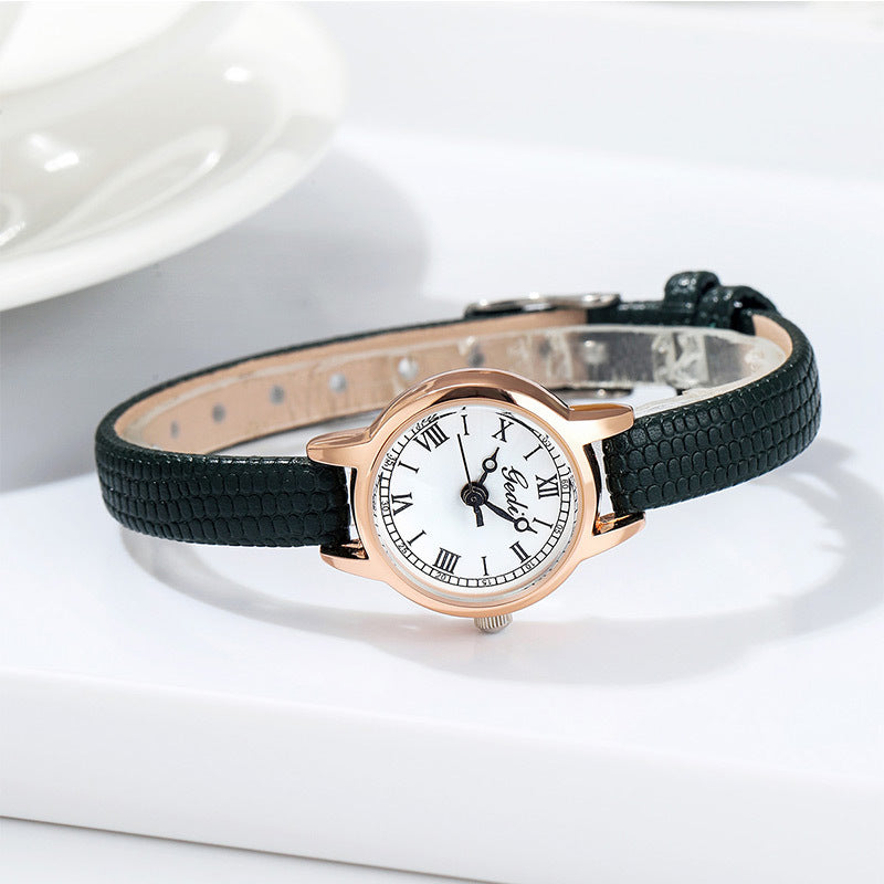 Rose Shell White Plate Green Belt Delicate Women's Watch - 20mm Roman Numeral Dial, Leather Strap