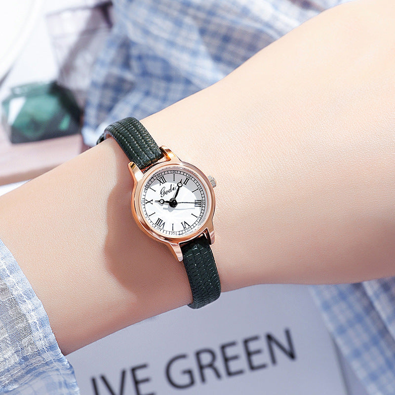 Rose Shell White Plate Green Belt Delicate Women's Watch - 20mm Roman Numeral Dial, Leather Strap