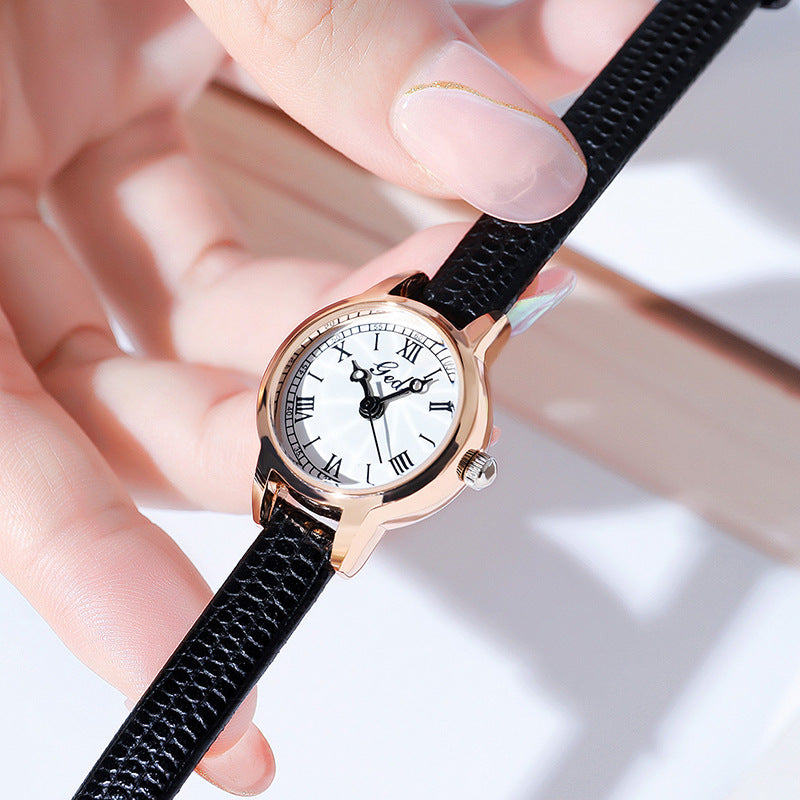 Rose shell white plate black belt Delicate Women's Watch - 20mm Roman Numeral Dial, Leather Strap