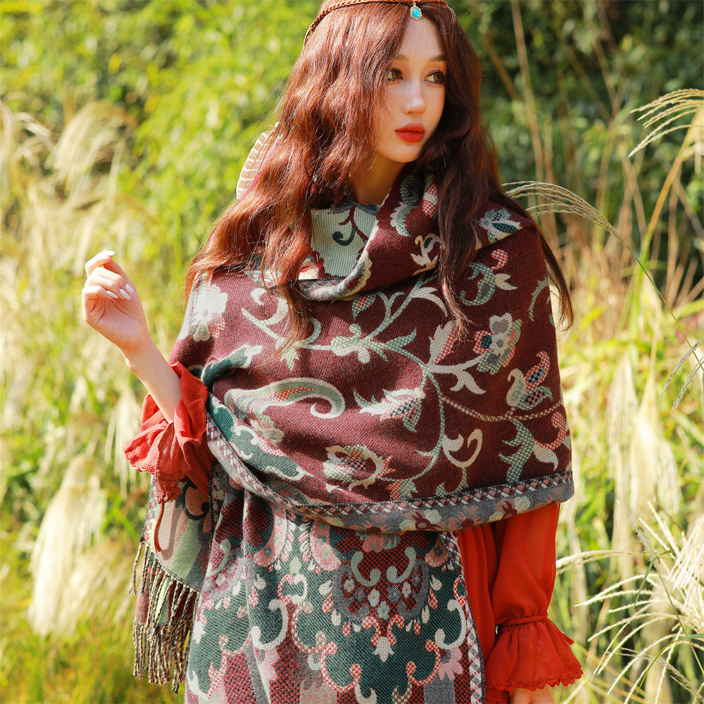 Style 1 Women's Ethnic Faux Cashmere Shawl Wrap - Jacquard Pattern Tassel Scarf (Flowers in full bloom)