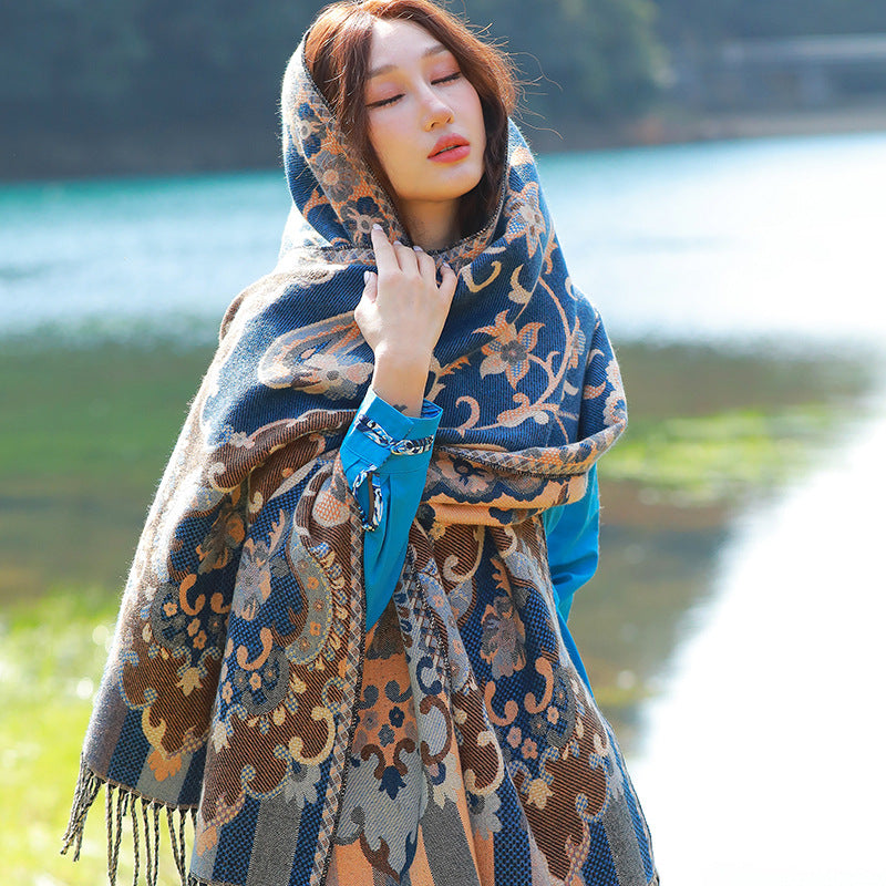 Style 2 Women's Ethnic Faux Cashmere Shawl Wrap - Jacquard Pattern Tassel Scarf (Flowers in full bloom blue)
