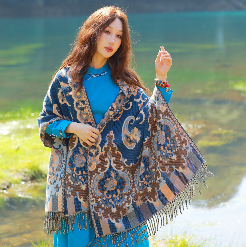 Style 2 Women's Ethnic Faux Cashmere Shawl Wrap - Jacquard Pattern Tassel Scarf (Flowers in full bloom blue)