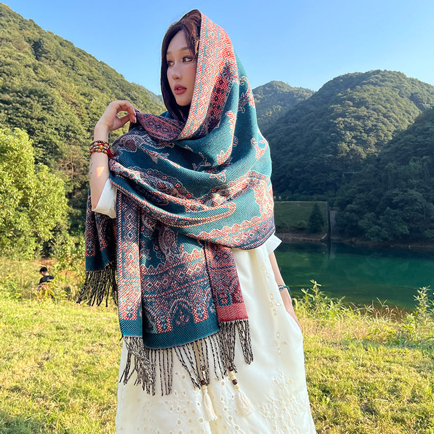 Style 3 Women's Ethnic Faux Cashmere Shawl Wrap - Jacquard Pattern Tassel Scarf (A unique blue)