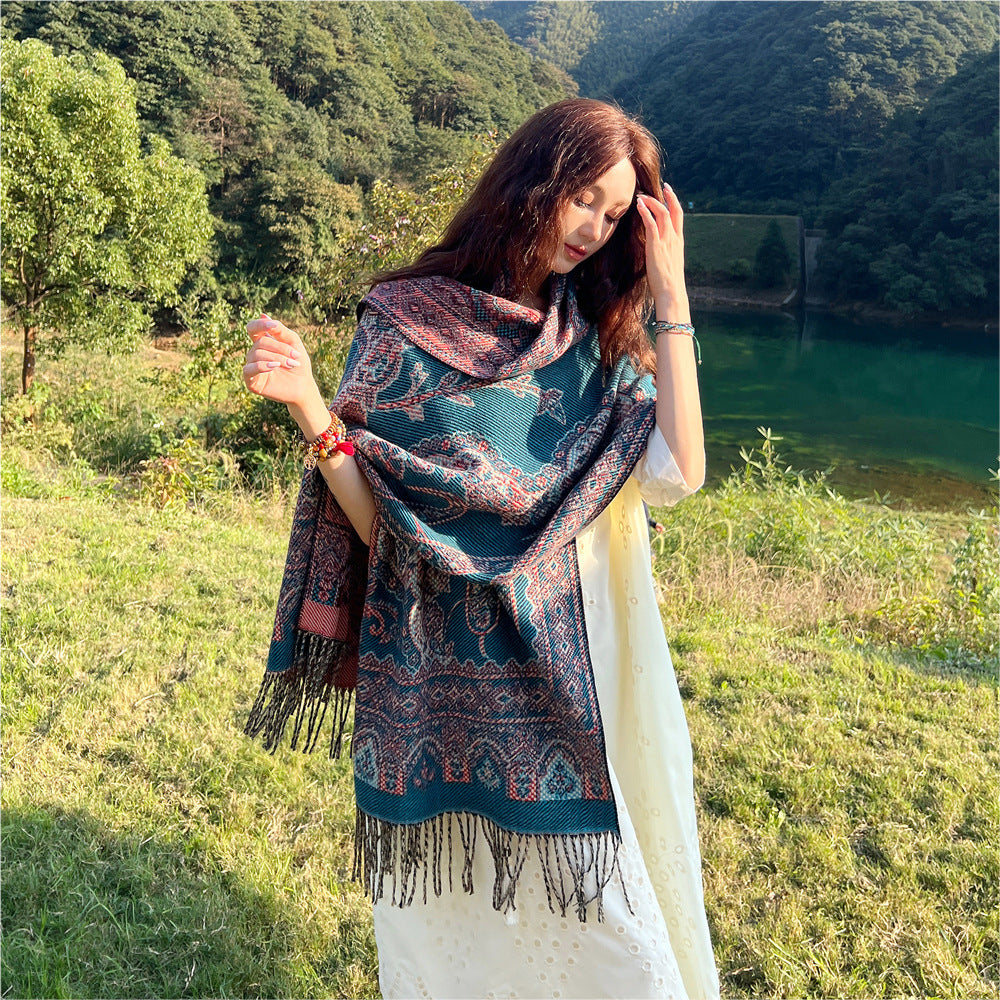 Style 3 Women's Ethnic Faux Cashmere Shawl Wrap - Jacquard Pattern Tassel Scarf (A unique blue)