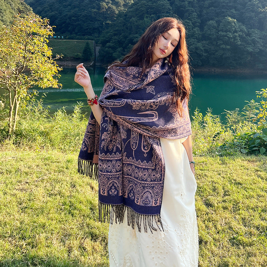 Style 4 Women's Ethnic Faux Cashmere Shawl Wrap - Jacquard Pattern Tassel Scarf (A unique hole purple)