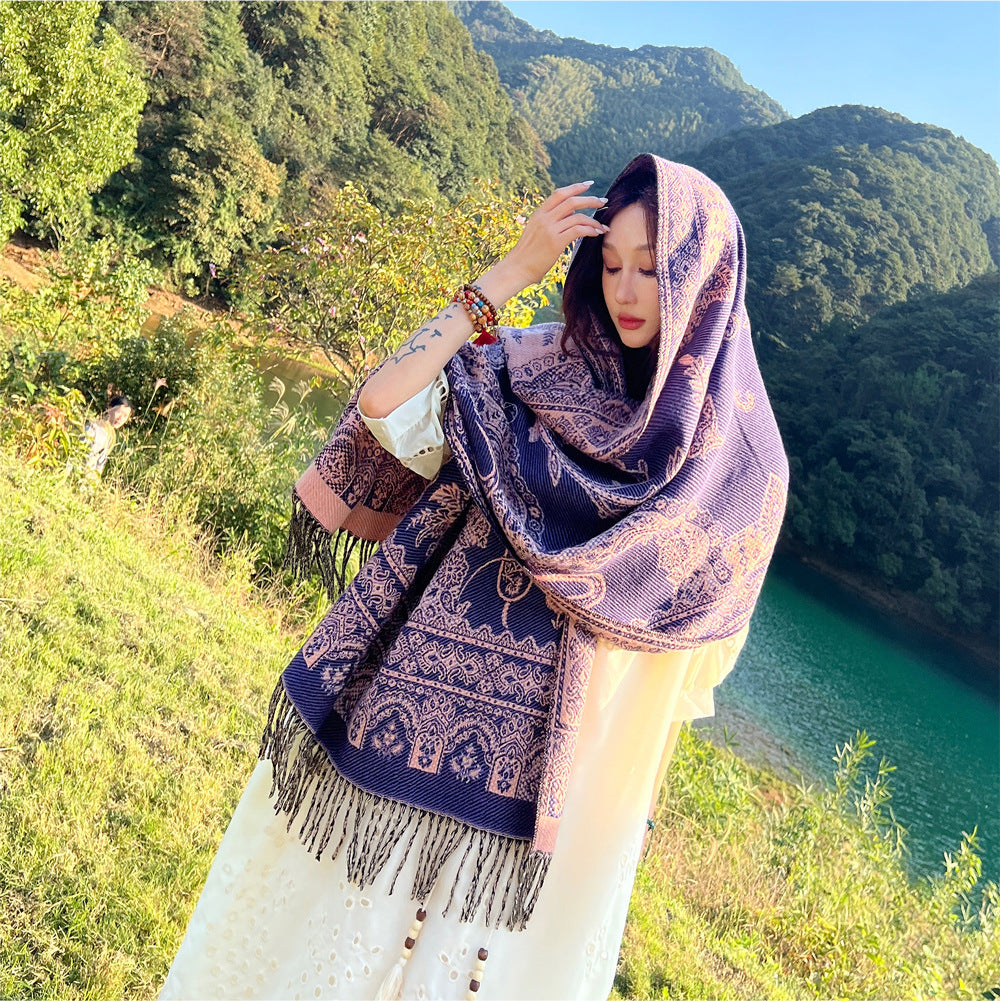 Style 4 Women's Ethnic Faux Cashmere Shawl Wrap - Jacquard Pattern Tassel Scarf (A unique hole purple)