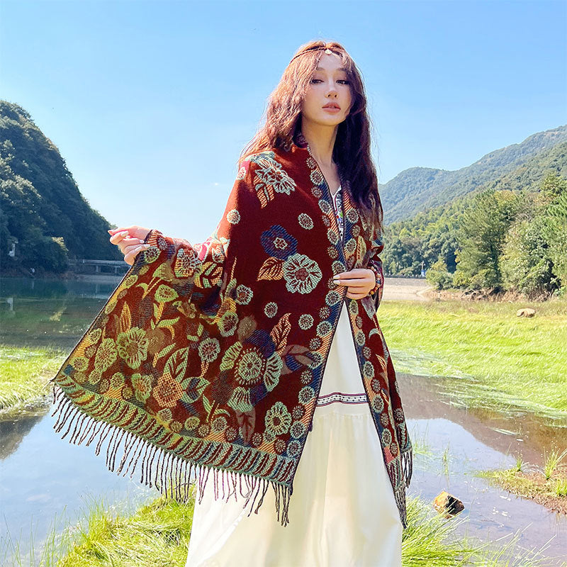 Style 5 Women's Ethnic Faux Cashmere Shawl Wrap - Jacquard Pattern Tassel Scarf (Ink Rain and Flowers)