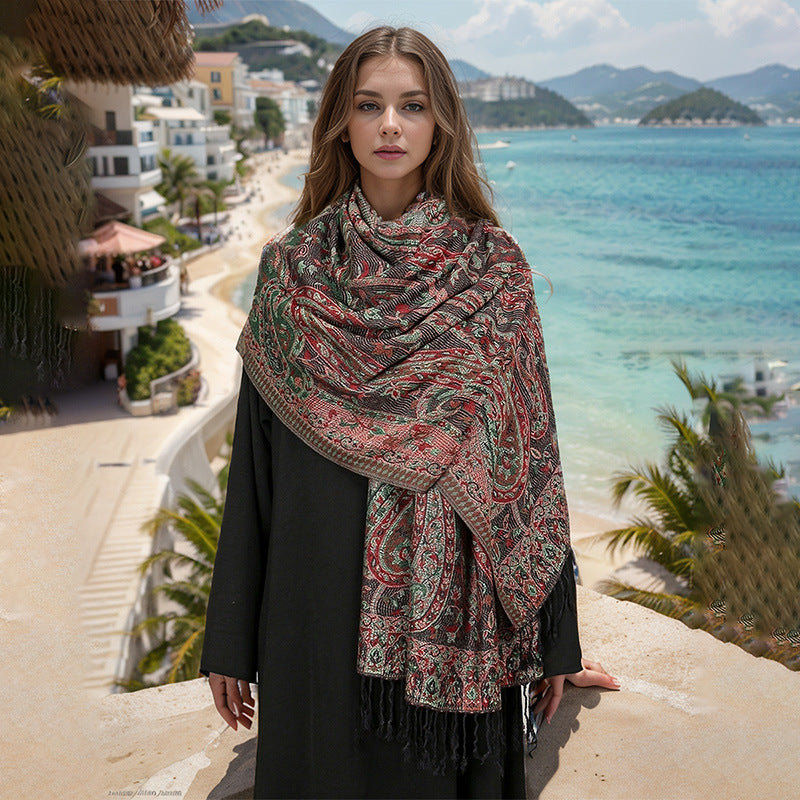 Black Elegant Retro Paisley Print Scarf for Women - Soft Fashion Shawl Wrap 185x70cm